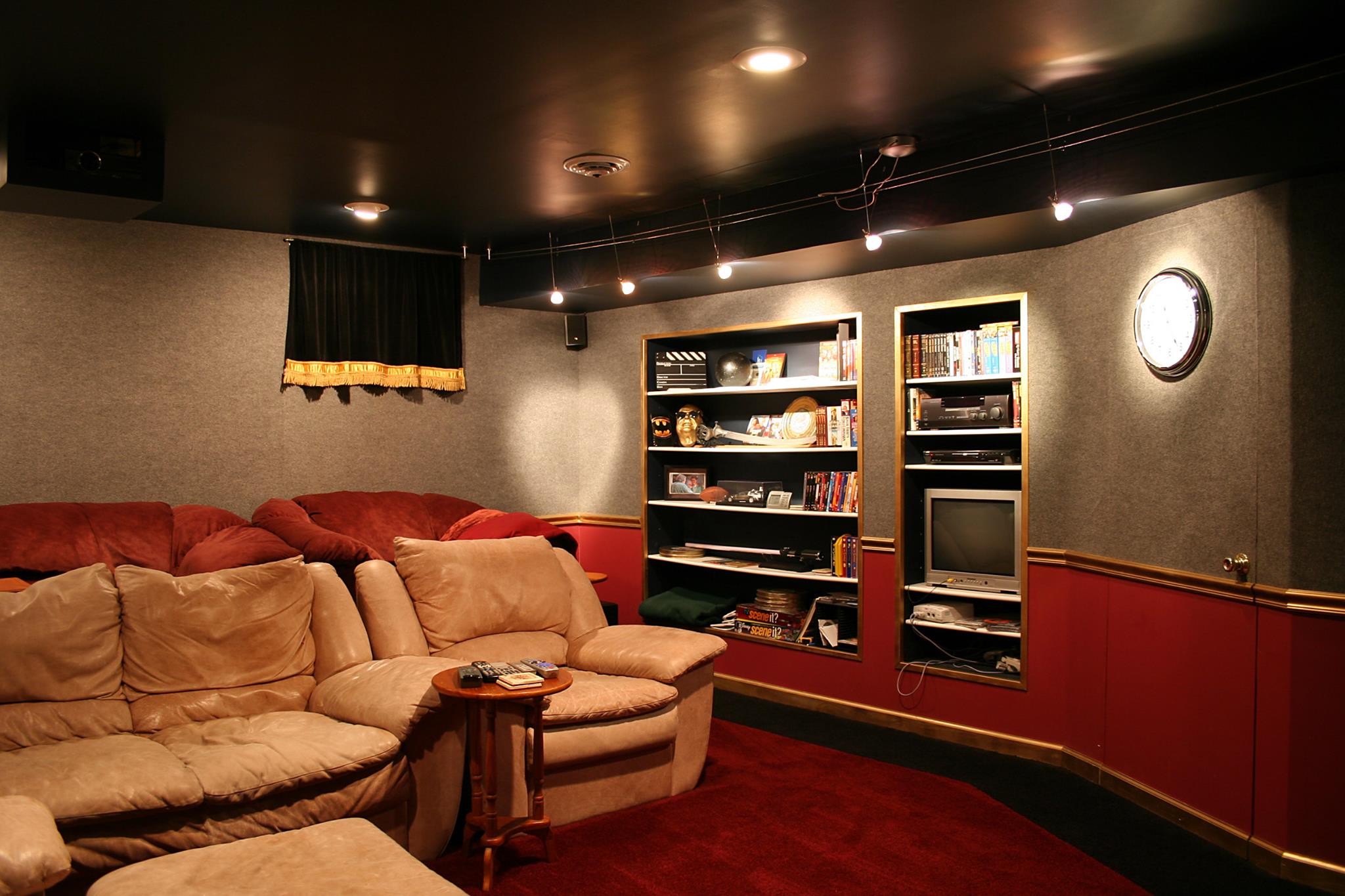 home theater with built-in shelves
